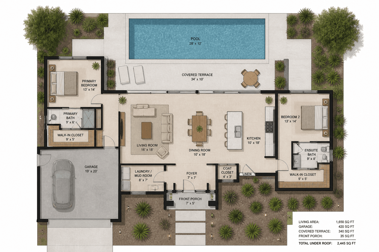 Two-bedroom floor plan rendering
